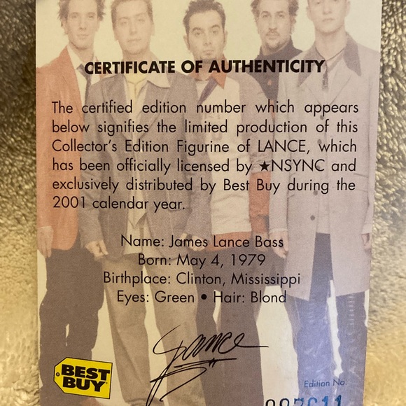 2001 N Sync Lance Bass Bobble Head with Numbered Certificate of Authenticity - Picture 8 of 8